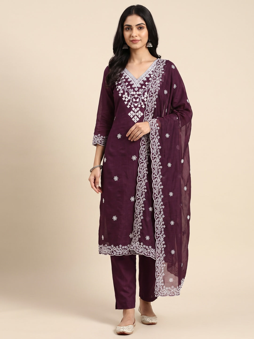 Peachmode Wine Chanderi Cotton Dress Material with Ethnic Motifs - Image 2