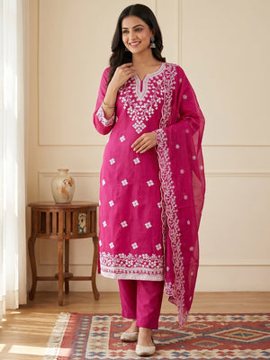 Peachmode Magenta Chanderi Cotton Dress Material with Ethnic Motifs - Image 2