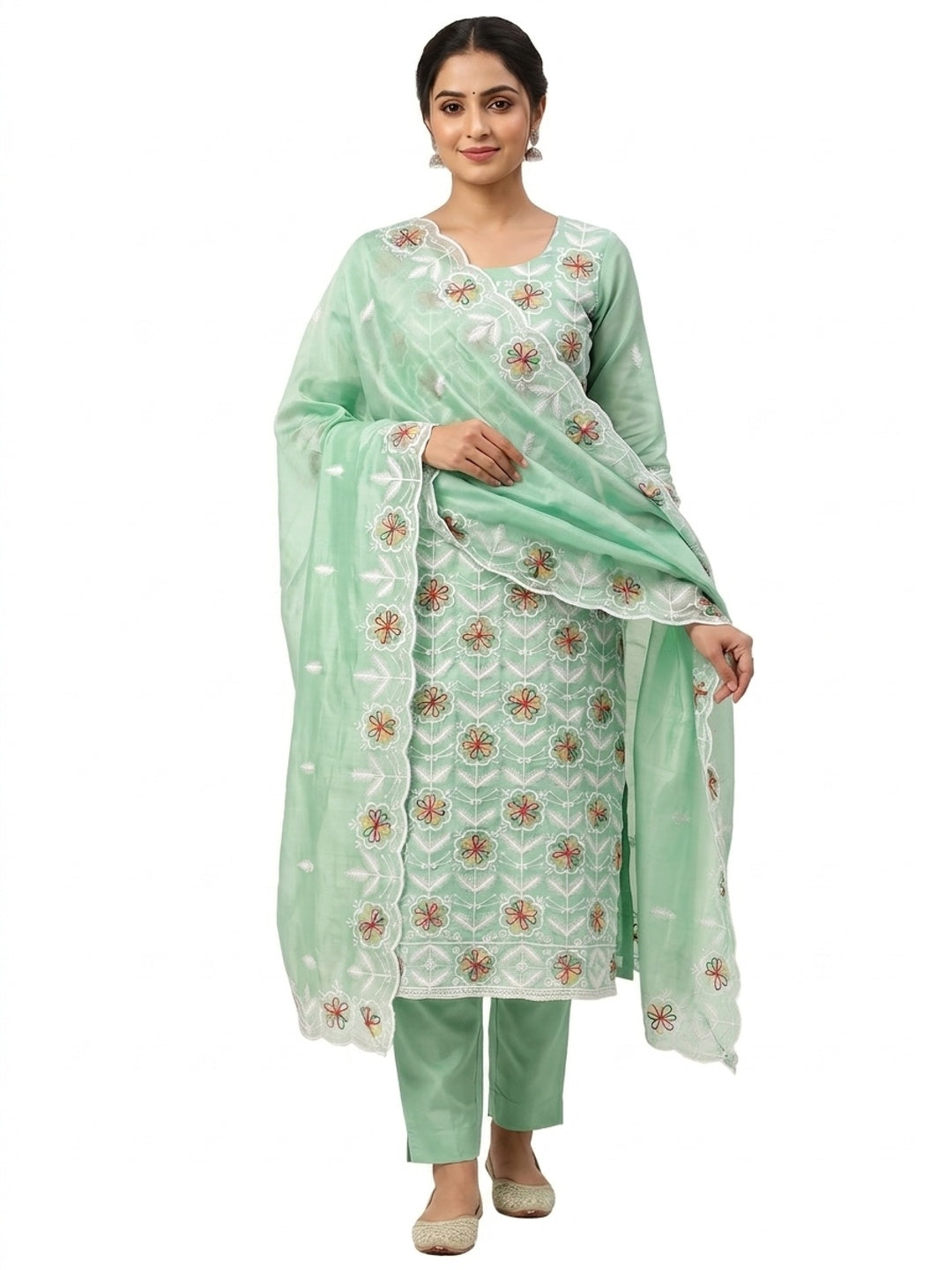 Peachmode Sea Green Chanderi Silk Dress Material with Ethnic Motifs - Image 7