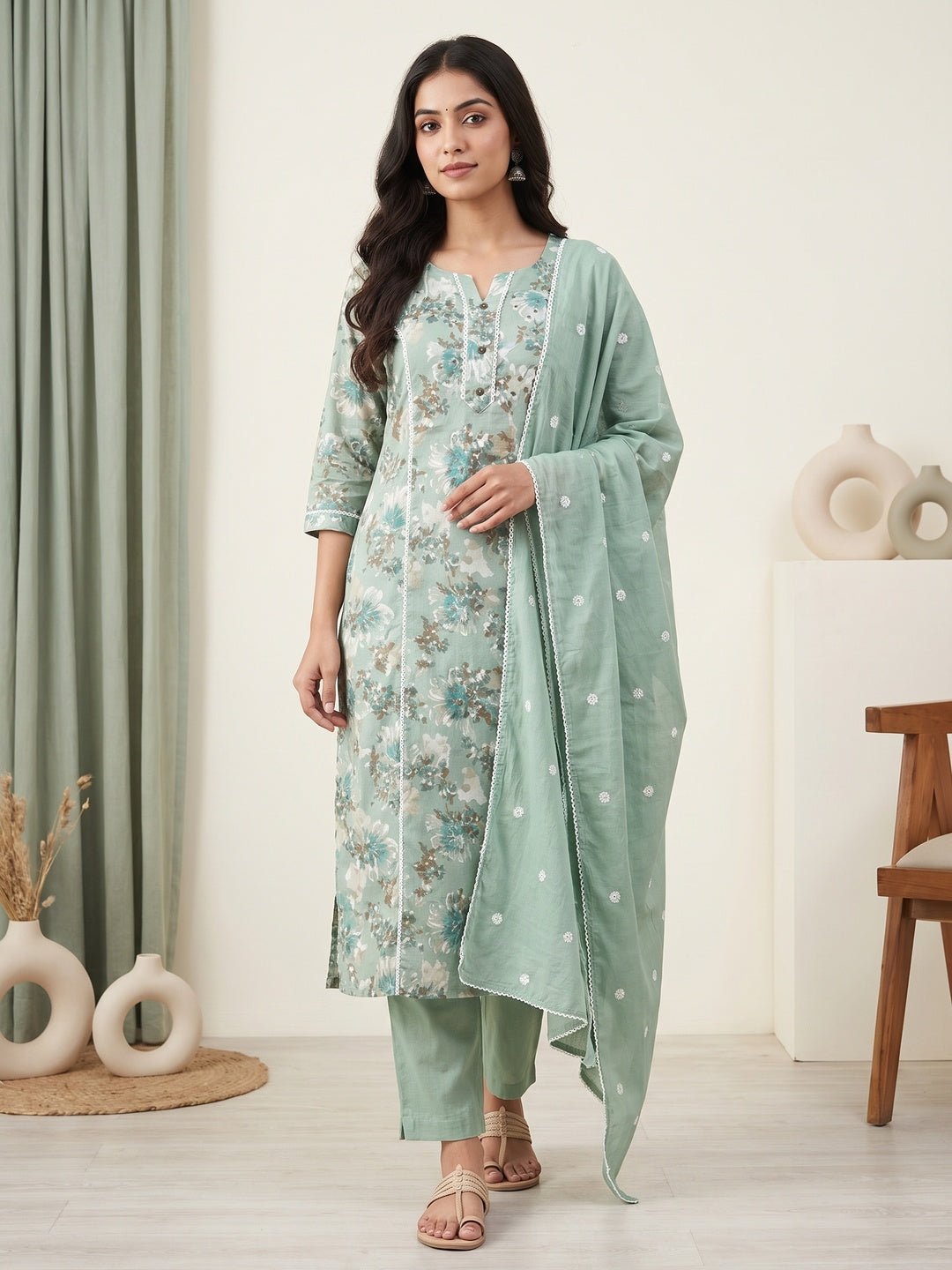 Green Cotton Floral Printed Salwar Suit Set - Image 1