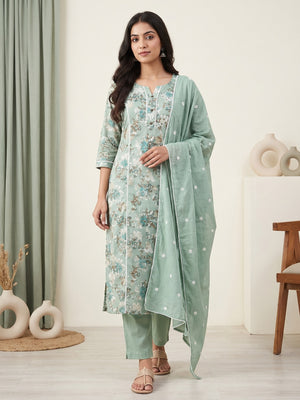Green Cotton Floral Printed Salwar Suit Set - Image 1
