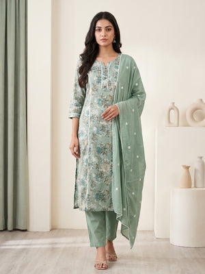 Green Cotton Floral Printed Salwar Suit Set - Image 2