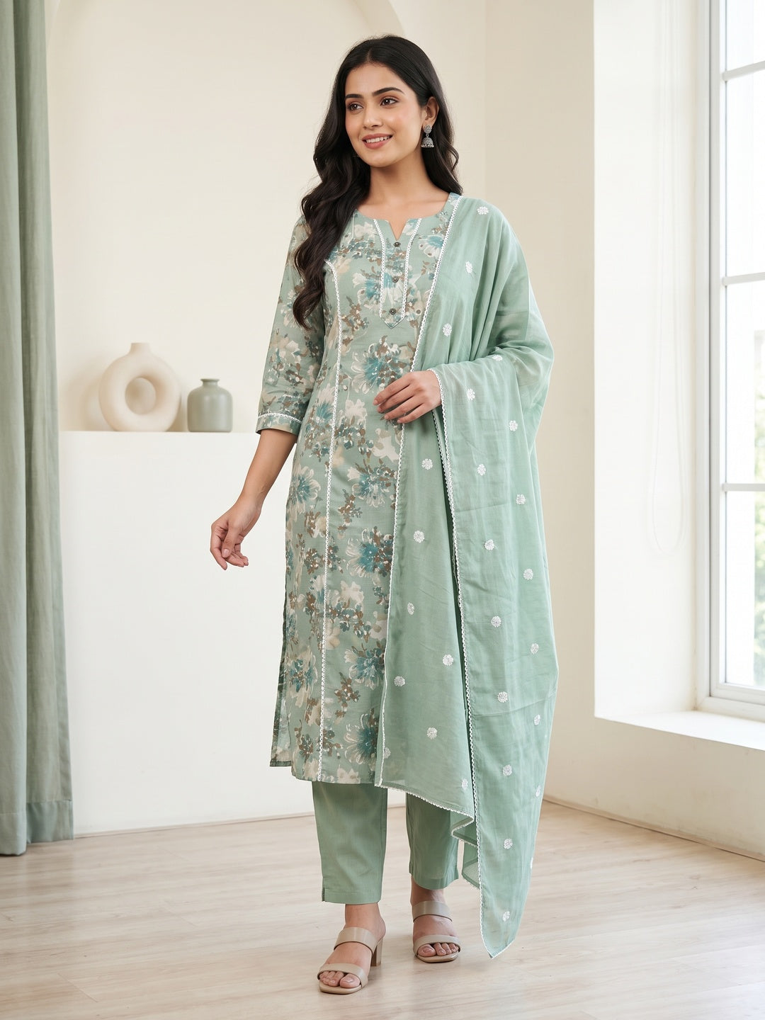Green Cotton Floral Printed Salwar Suit Set - Image 3