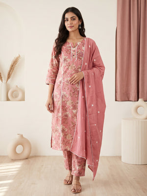 Pink Cotton Floral Printed Salwar Suit Set - Image 1