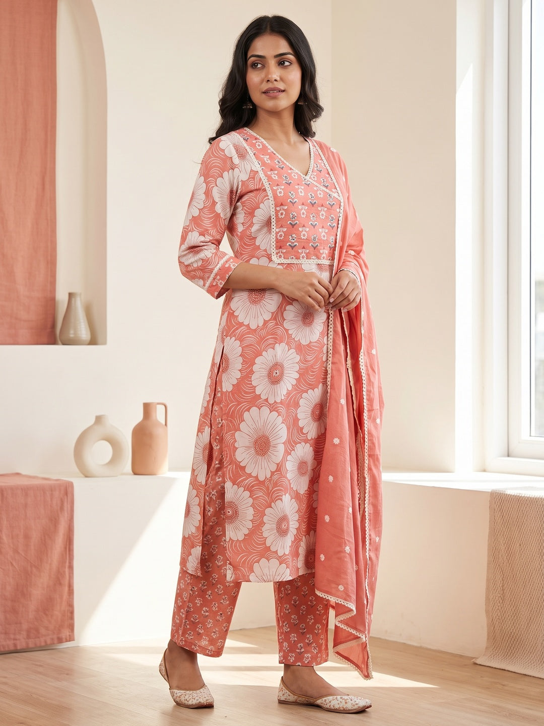 Peach Cotton Floral Printed Salwar Suit Set - Image 3