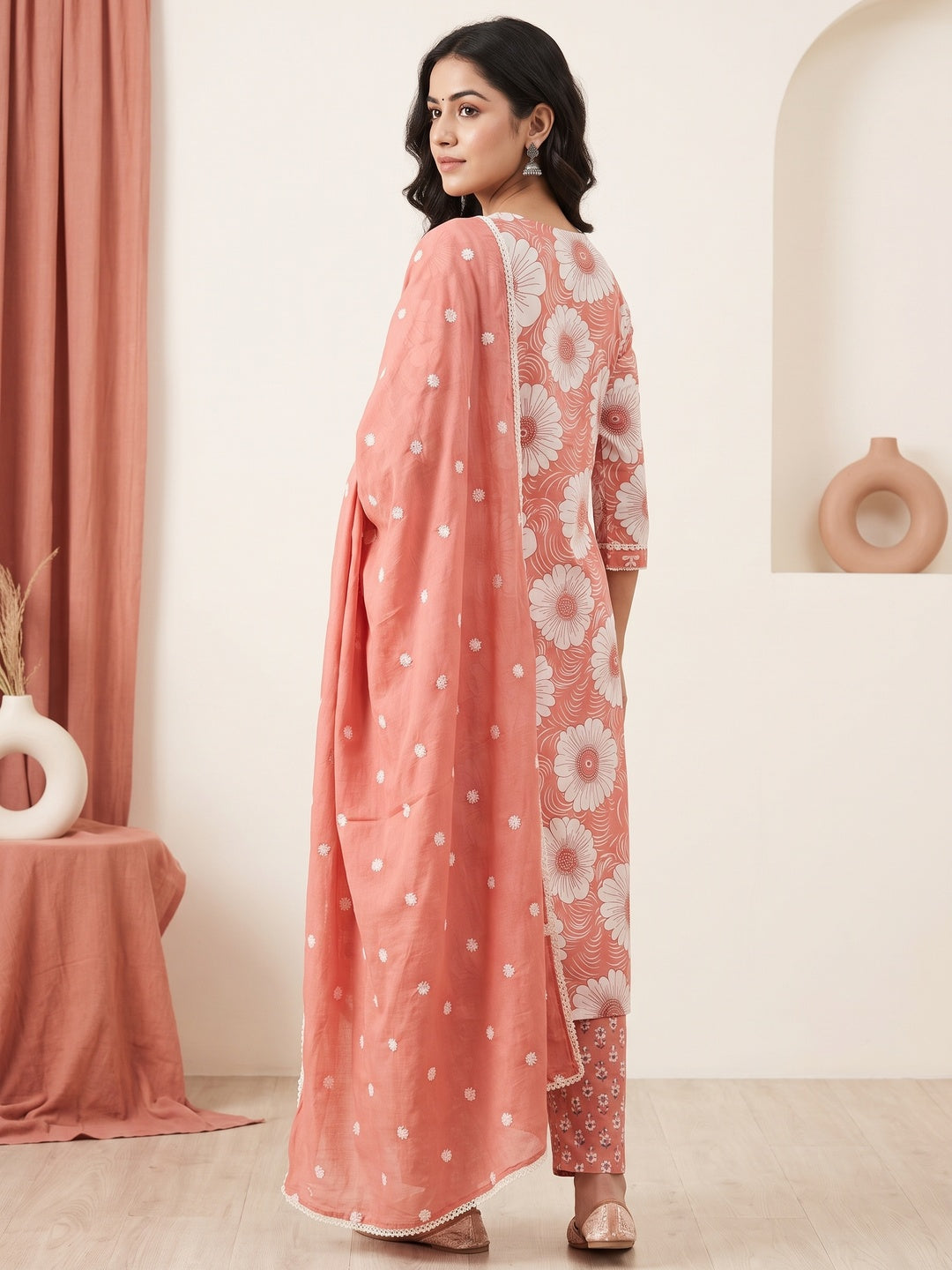 Peach Cotton Floral Printed Salwar Suit Set - Image 4