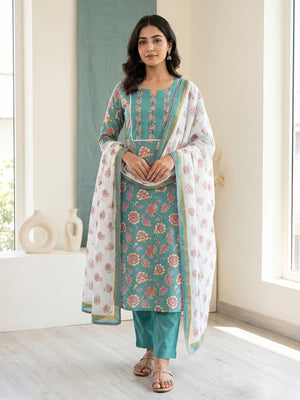 Rama Green Cotton Floral Printed Salwar Suit Set - Image 1