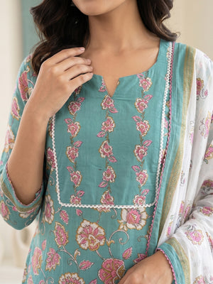 Rama Green Cotton Floral Printed Salwar Suit Set - Image 2
