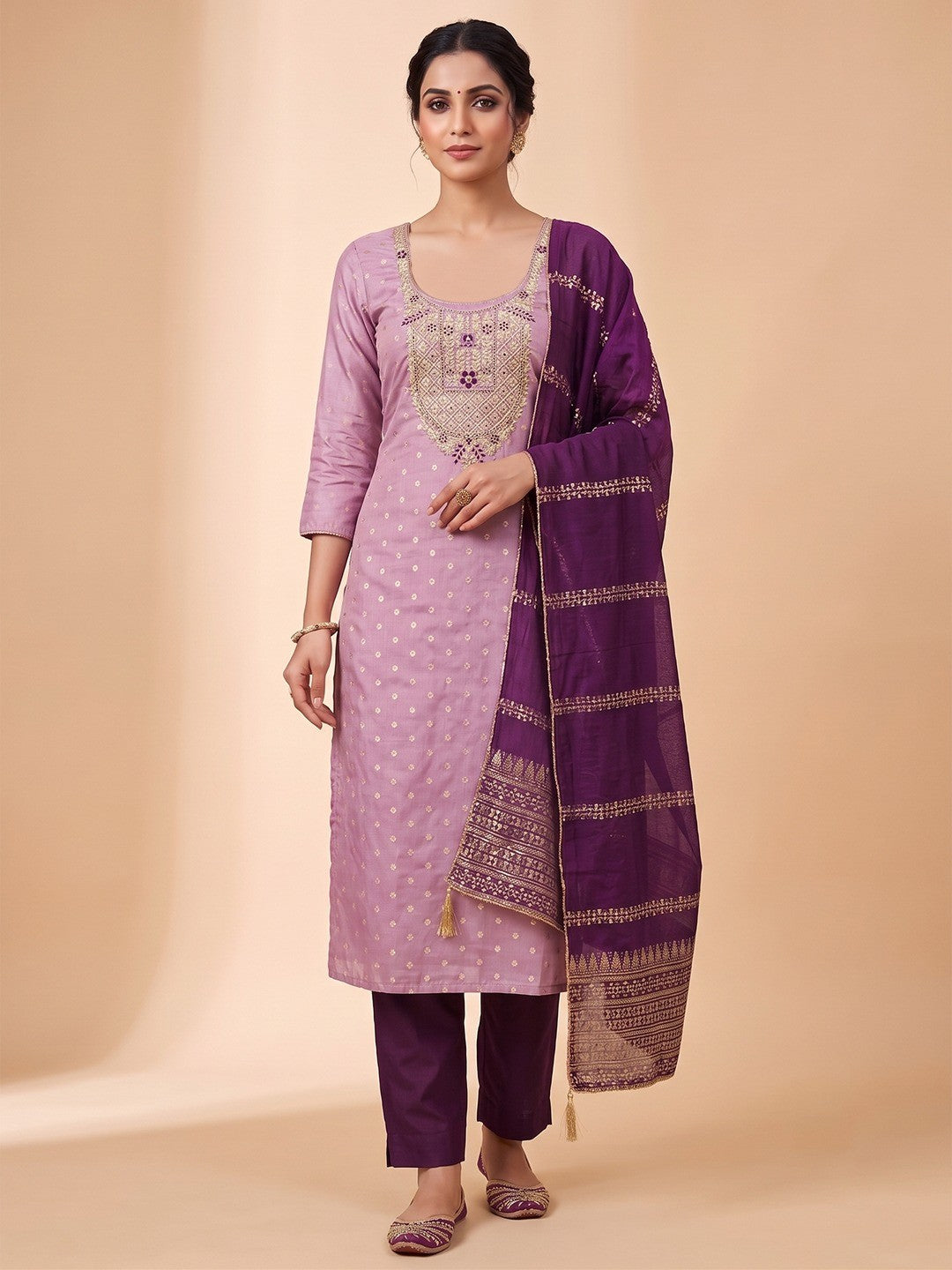 Peachmode Lavender Shimmer Dress Material with Ethnic Motifs - Image 2