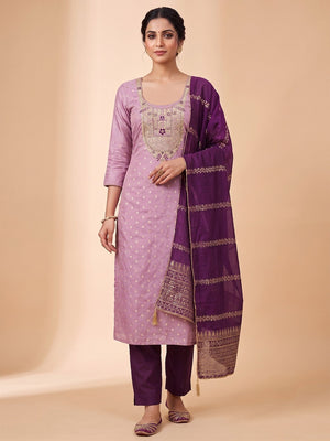 Peachmode Lavender Shimmer Dress Material with Ethnic Motifs - Image 2