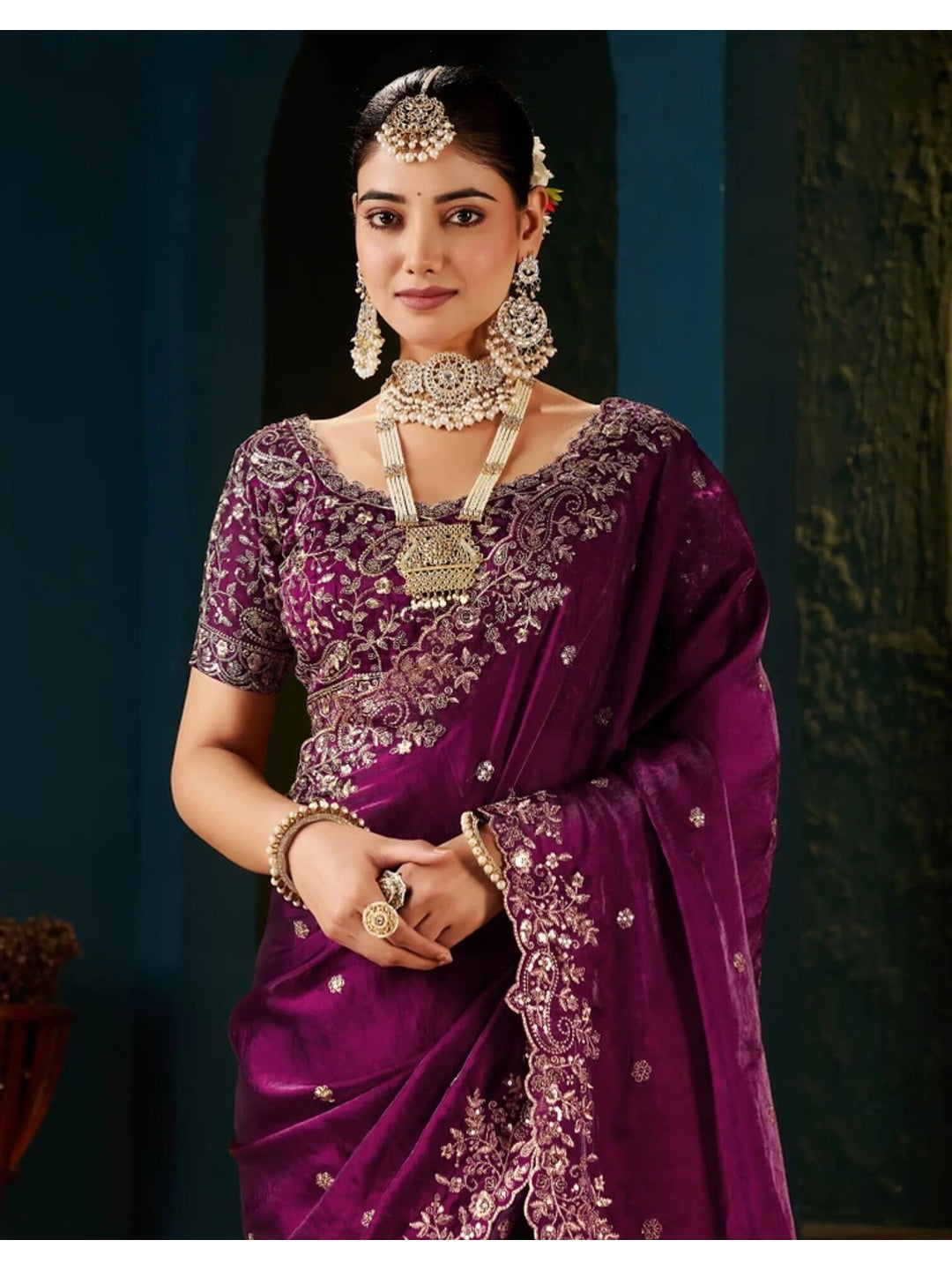 Peachmode Magenta Fendi Satin Embroidered Saree - Image 4
