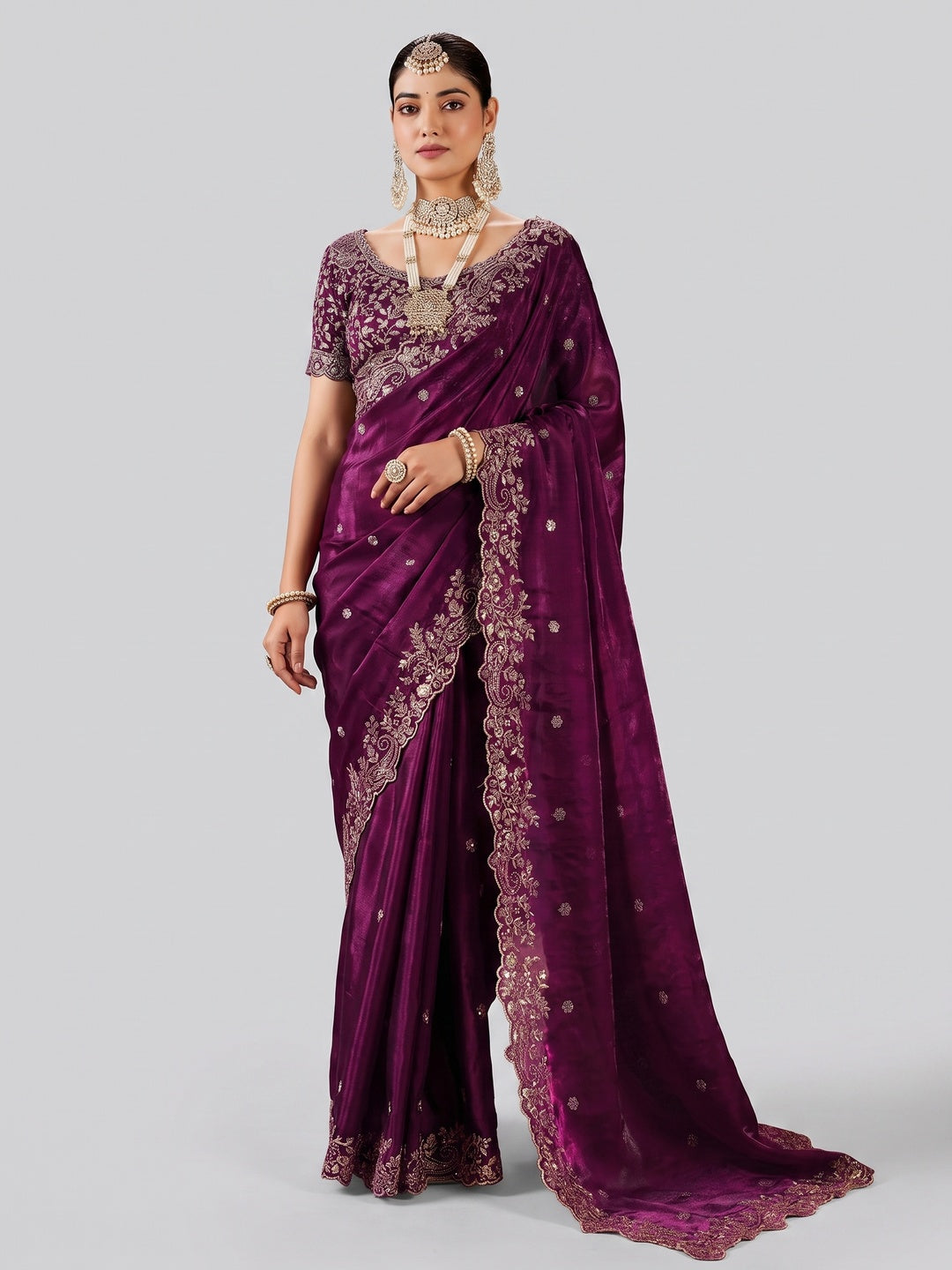 Peachmode Magenta Fendi Satin Embroidered Saree - Image 1