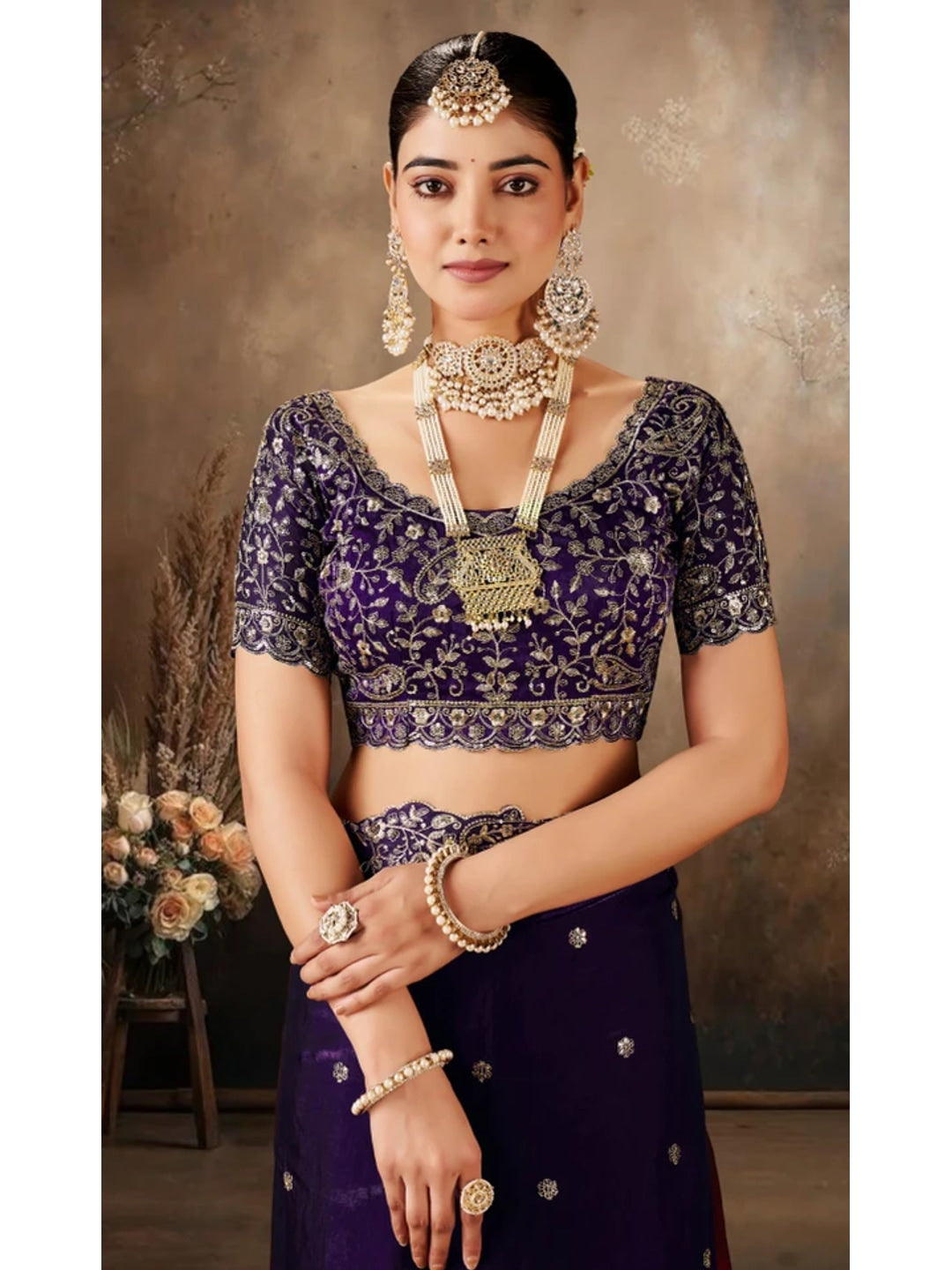 Peachmode Purple Fendi Satin Embroidered Saree - Image 4