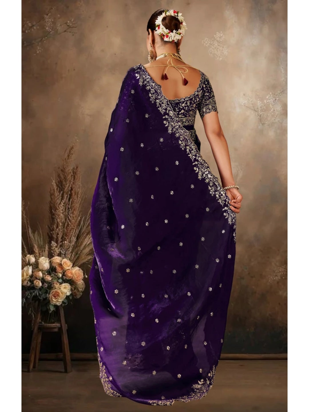 Peachmode Purple Fendi Satin Embroidered Saree - Image 5