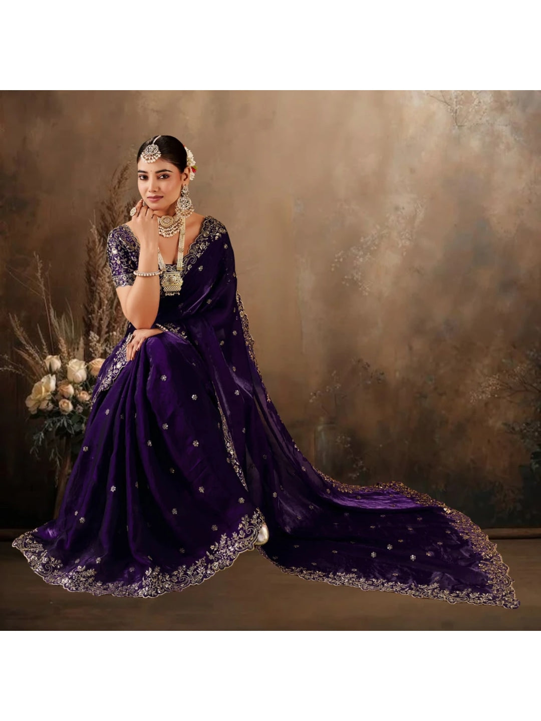 Peachmode Purple Fendi Satin Embroidered Saree - Image 6