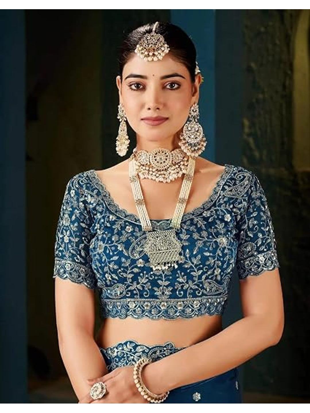 Peachmode Blue Fendi Satin Embroidered Saree - Image 2