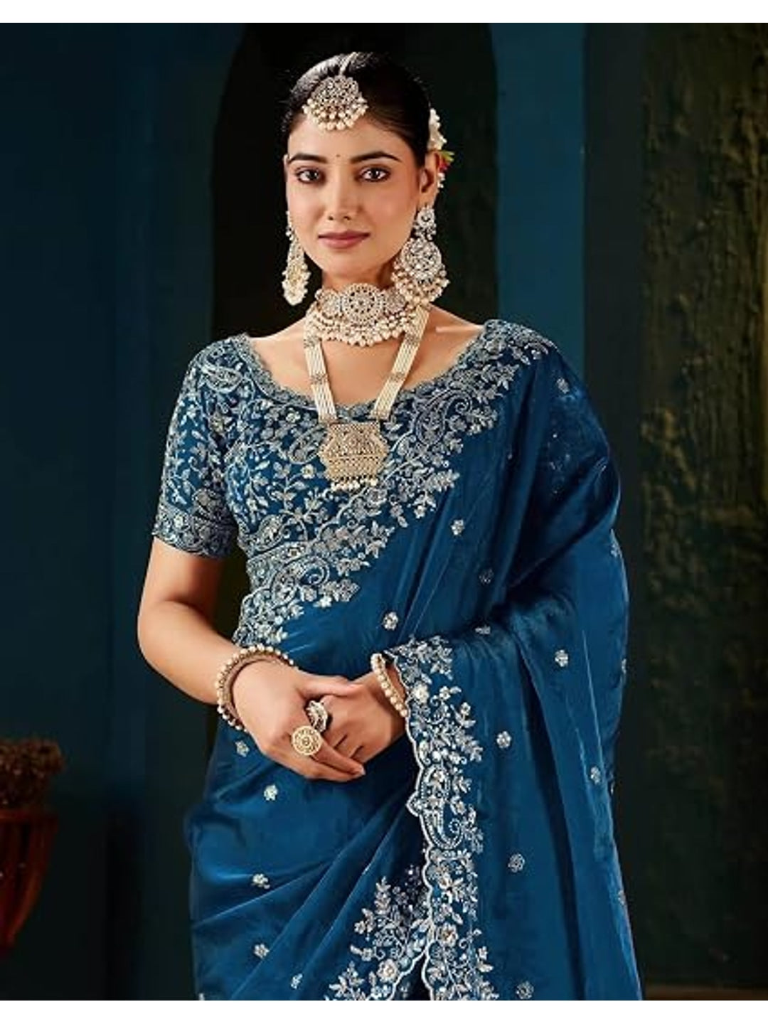 Peachmode Blue Fendi Satin Embroidered Saree - Image 5