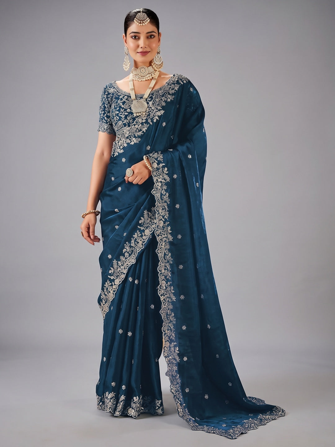 Peachmode Blue Fendi Satin Embroidered Saree - Image 1