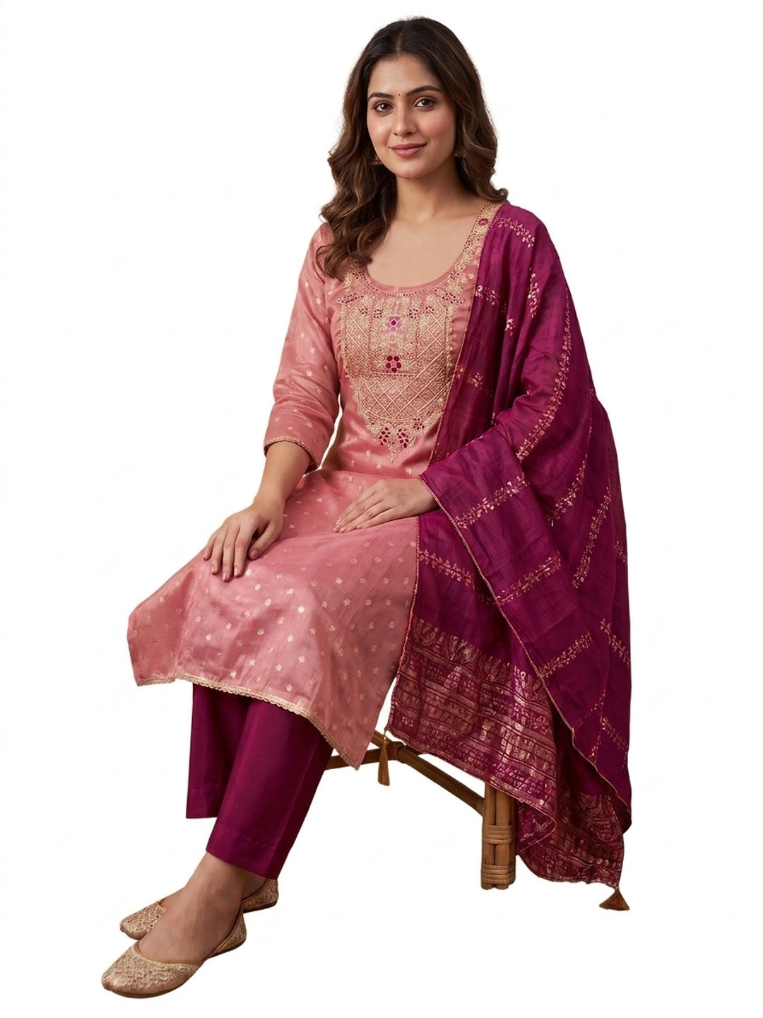 Pink Shimmer Unstitched Dress Material with Zari and Thread Work - Image 7
