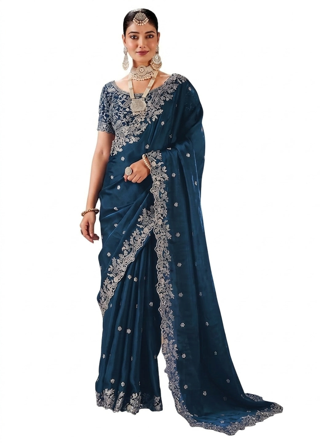 Peachmode Blue Fendi Satin Embroidered Saree - Image 6