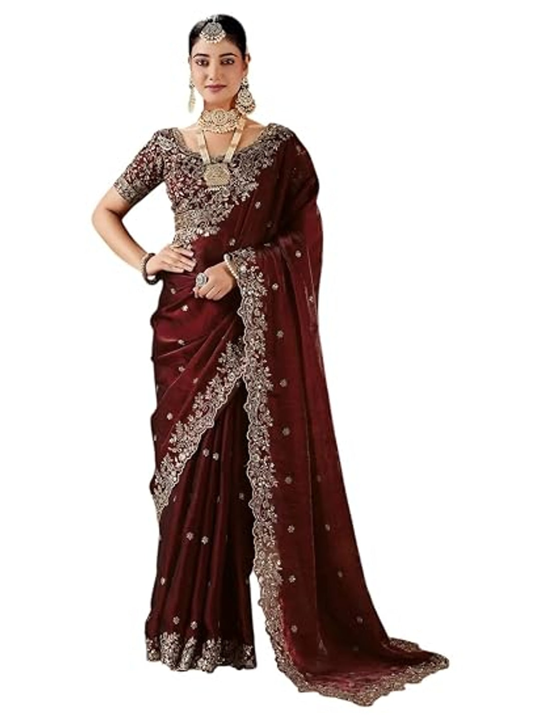 Peachmode Brown Fendi Satin Embroidered Saree - Image 2