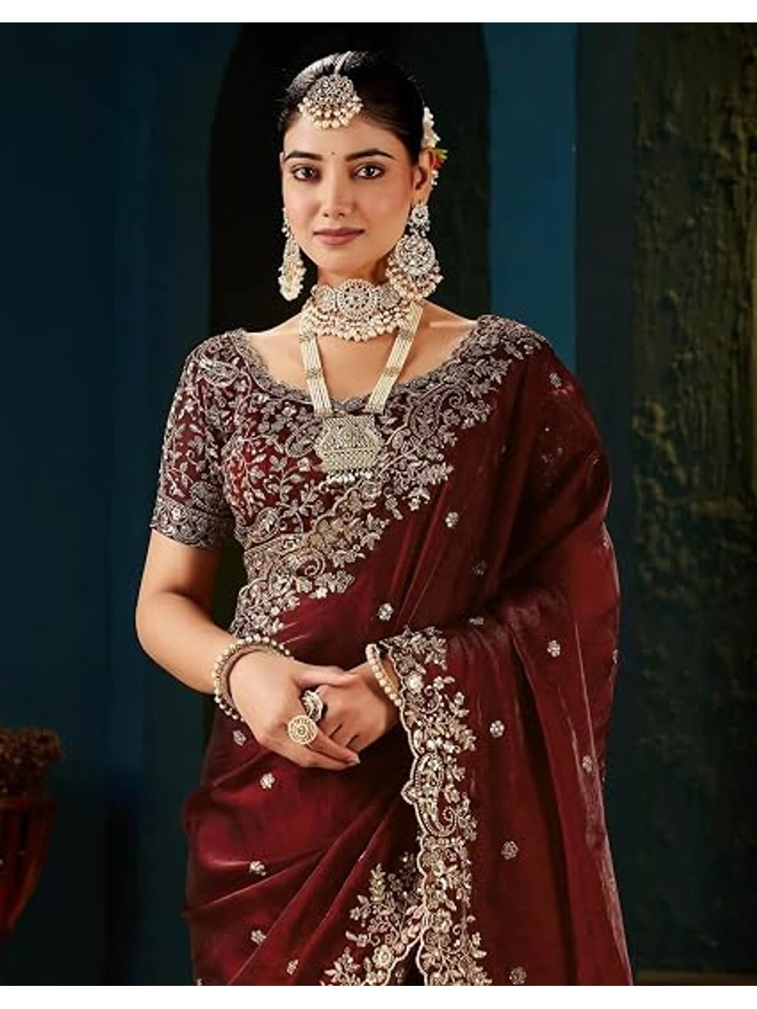 Peachmode Brown Fendi Satin Embroidered Saree - Image 4