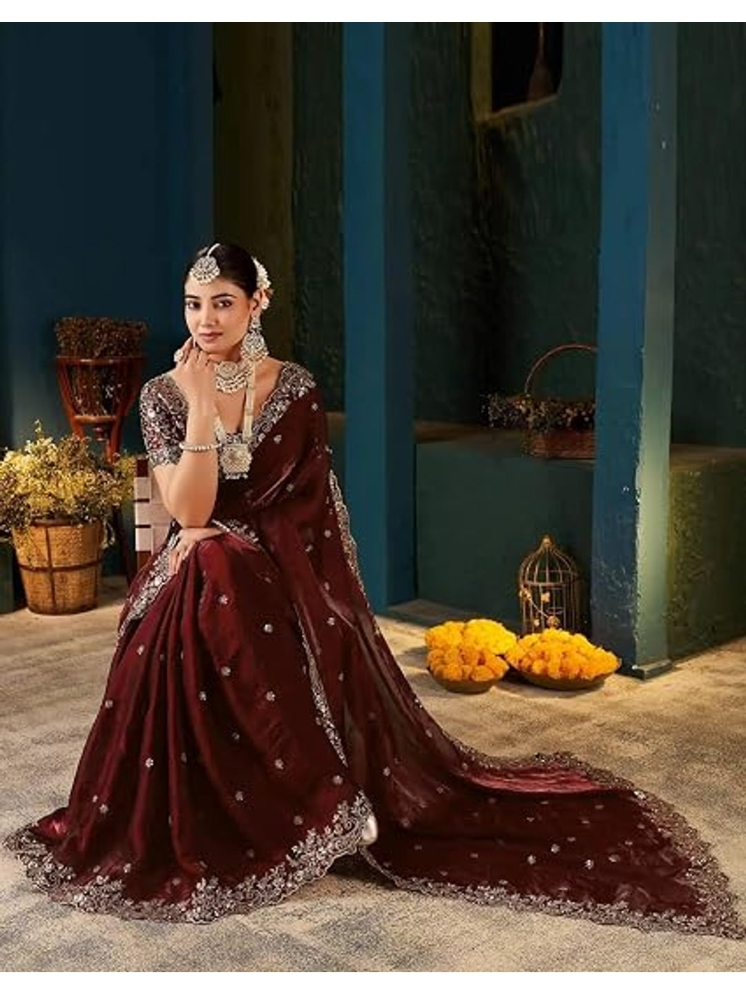 Peachmode Brown Fendi Satin Embroidered Saree - Image 5