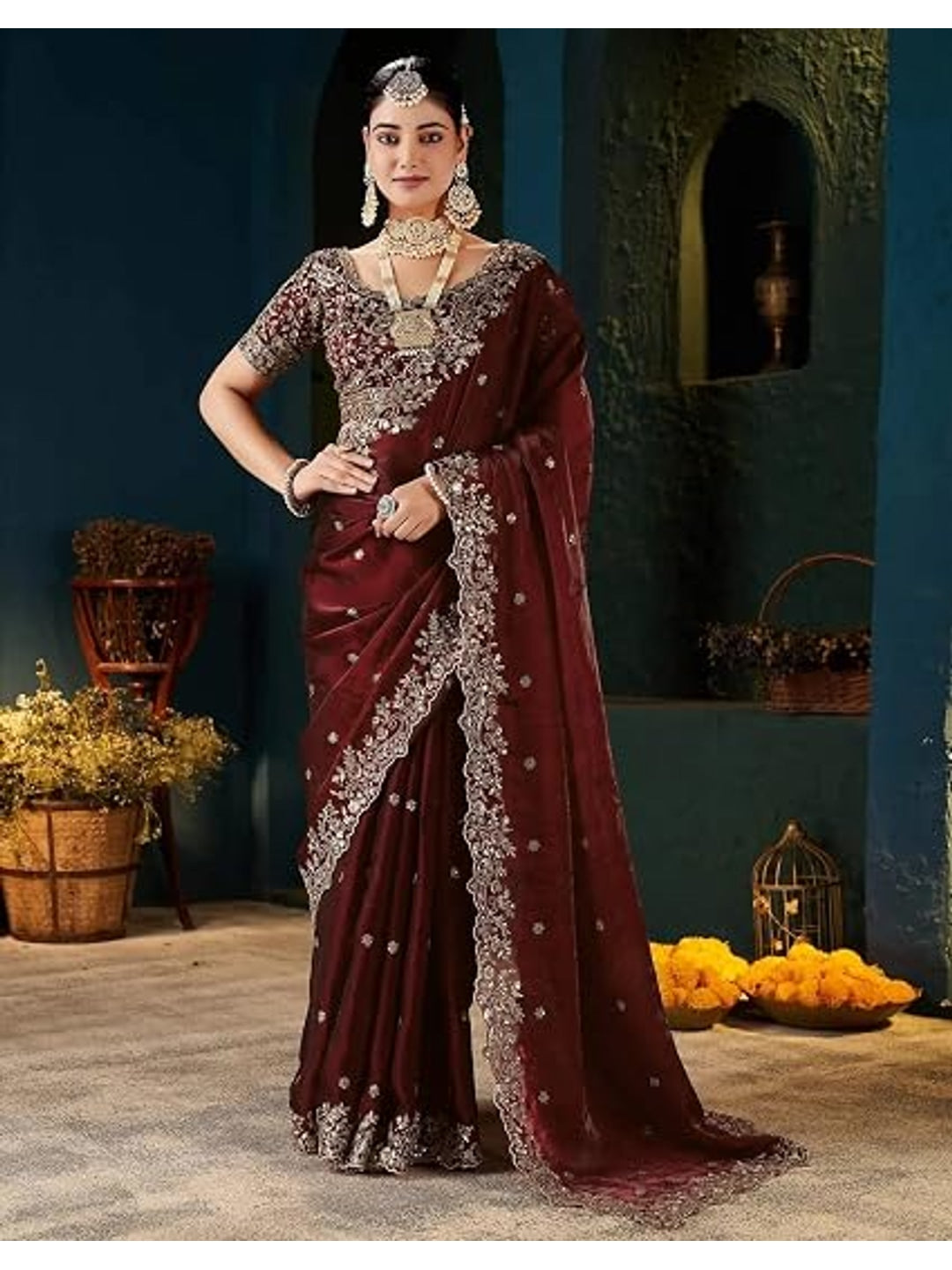 Peachmode Brown Fendi Satin Embroidered Saree - Image 6