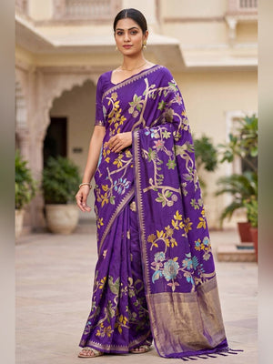 Peachmode Purple Crepe Khadi Silk Bird Motif Saree - Image 1