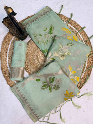 Peachmode Sea Green Crepe Khadi Silk Bird Motif Saree - Image 2