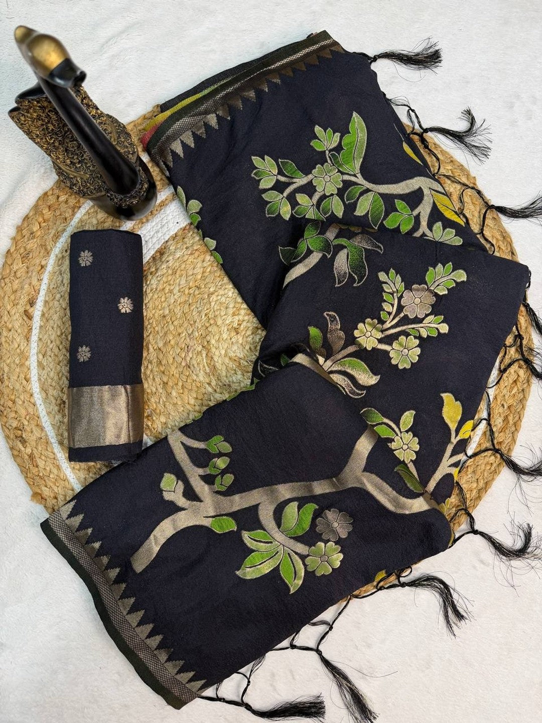 Peachmode Black Crepe Khadi Silk Bird Motif Saree - Image 2
