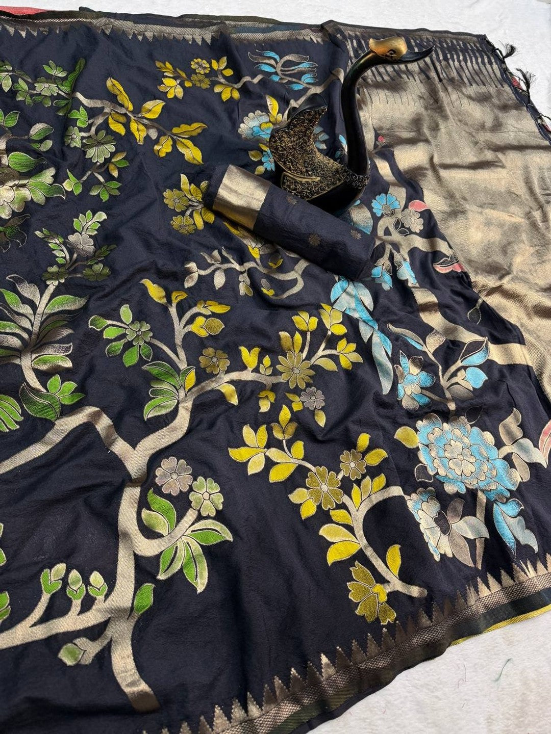 Peachmode Black Crepe Khadi Silk Bird Motif Saree - Image 3
