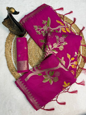 Peachmode Pink Crepe Khadi Silk Bird Motif Saree - Image 2