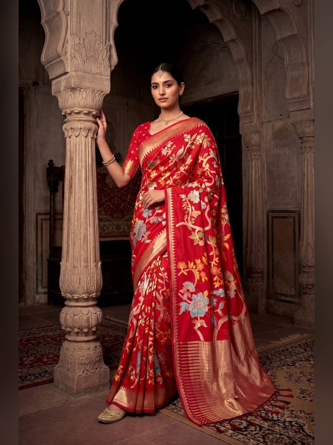 Peachmode Red Crepe Khadi Silk Bird Motif Saree - Image 1