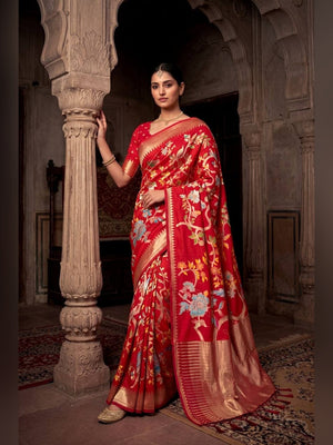 Peachmode Red Crepe Khadi Silk Bird Motif Saree - Image 1