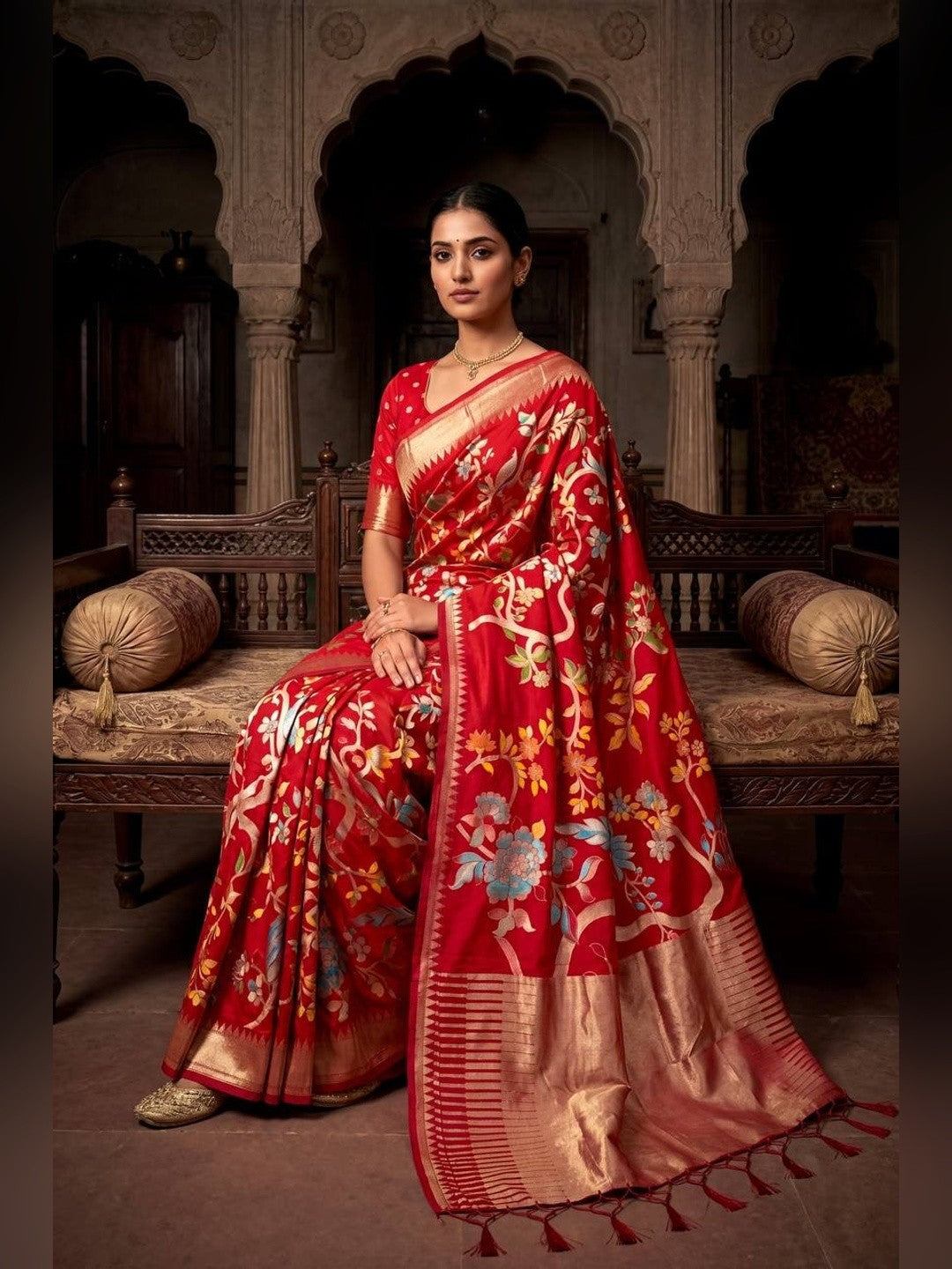 Peachmode Red Crepe Khadi Silk Bird Motif Saree - Image 7