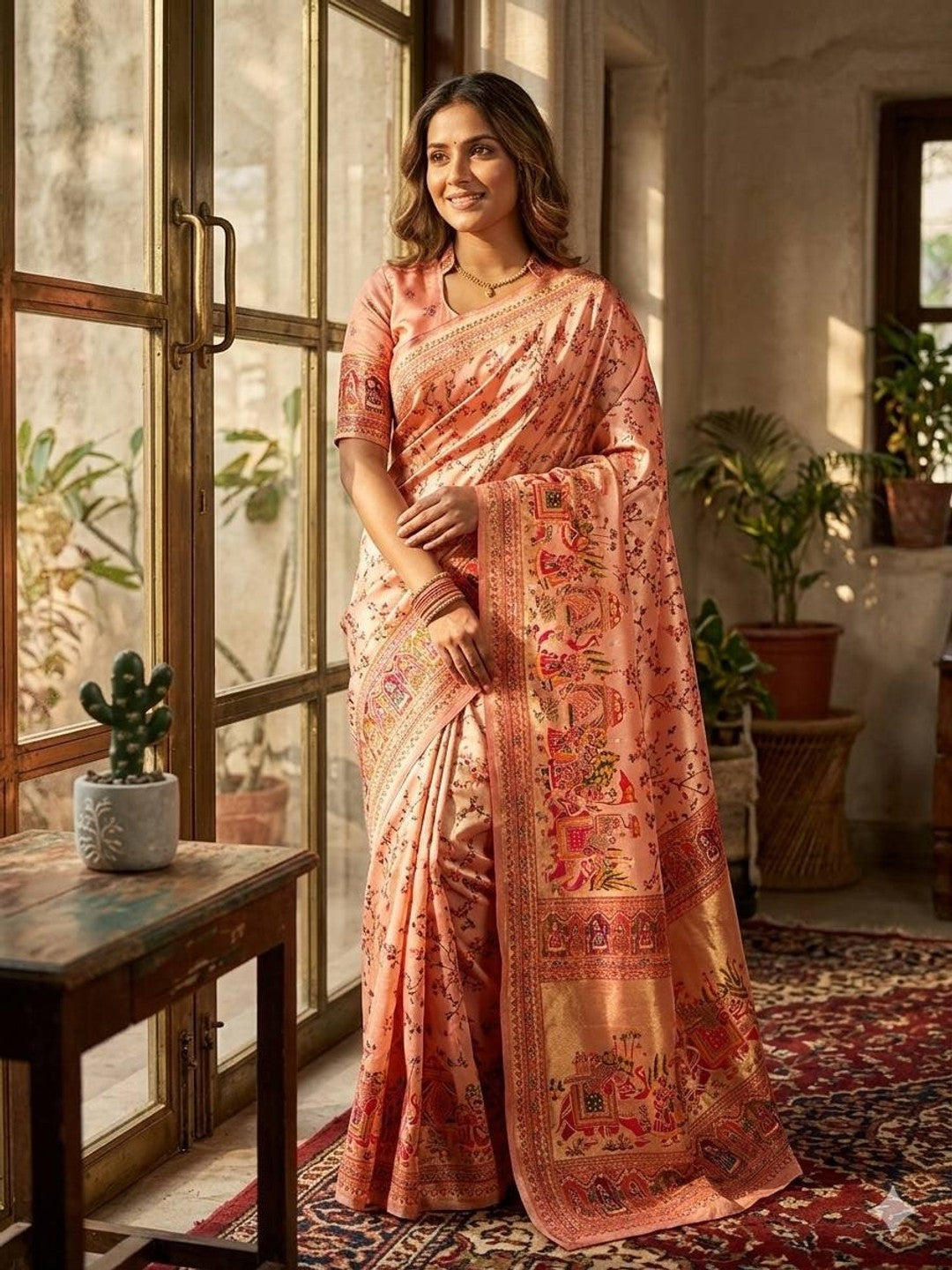 Peachmode Peach Rajwadi Pashmina Silk Woven Saree - Image 1
