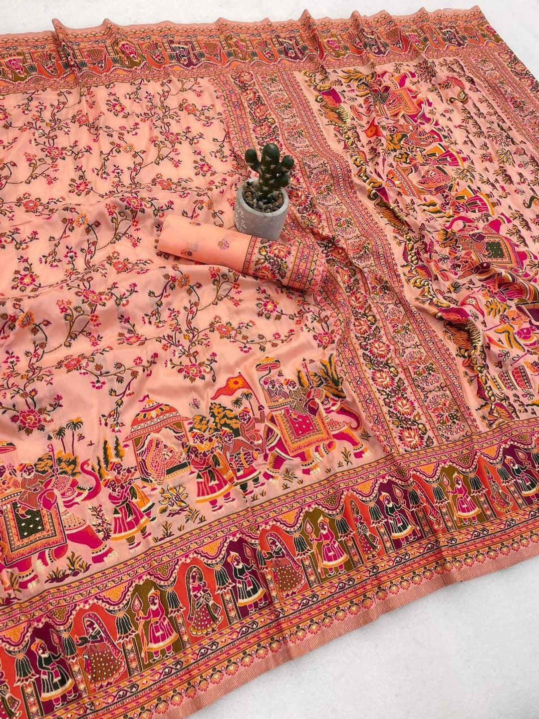 Peachmode Peach Rajwadi Pashmina Silk Woven Saree - Image 4