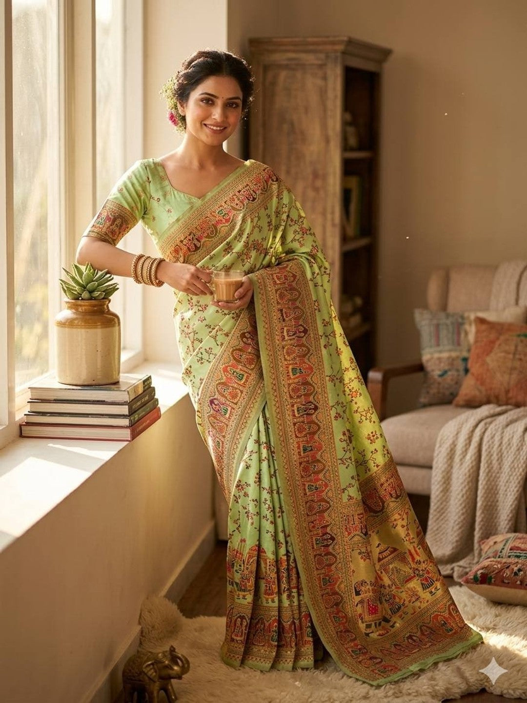 Peachmode Mint Rajwadi Pashmina Silk Woven Saree - Image 1