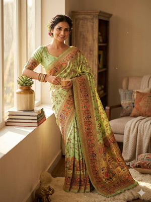 Peachmode Mint Rajwadi Pashmina Silk Woven Saree - Image 1