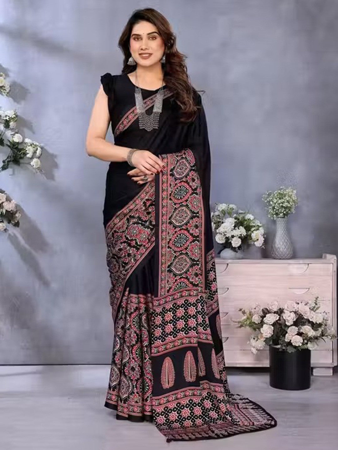 Peachmode Black Ajrakh Mirror Work Saree - Image 1