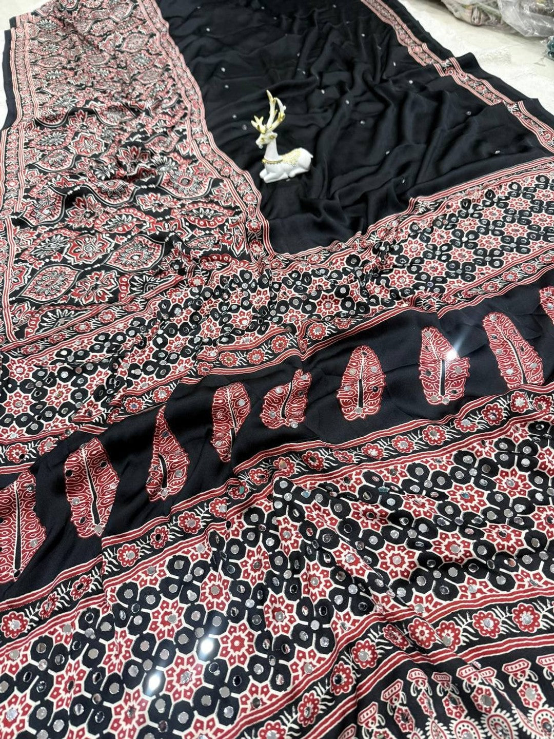 Peachmode Black Ajrakh Mirror Work Saree - Image 3