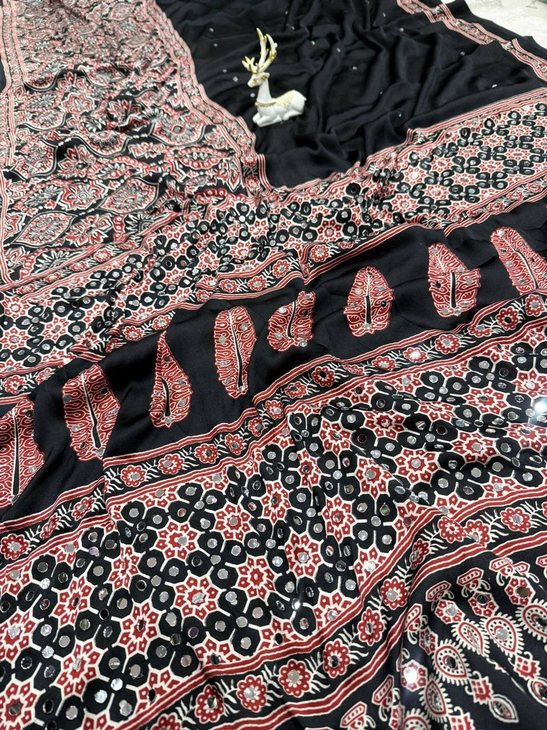 Peachmode Black Ajrakh Mirror Work Saree - Image 5