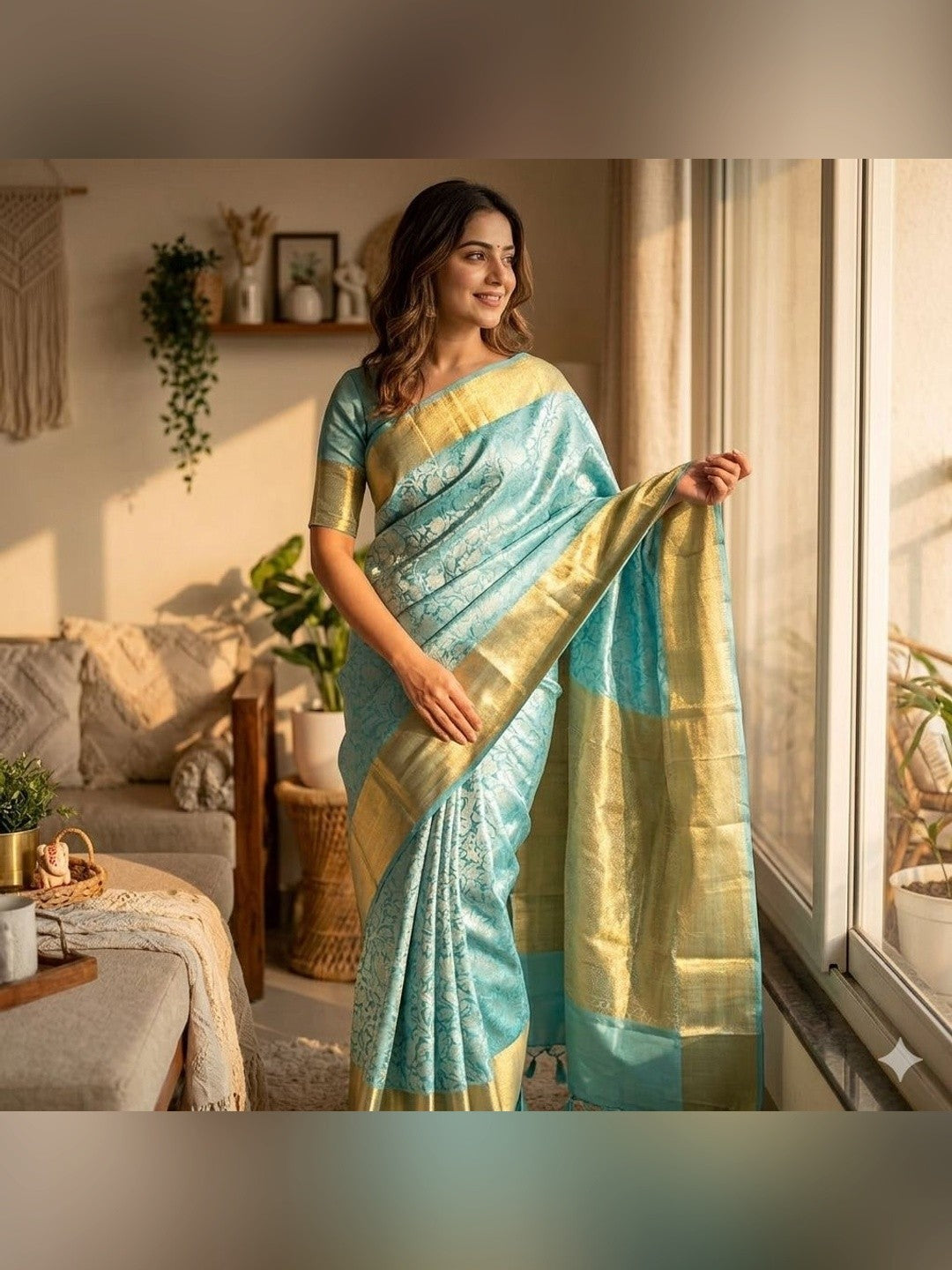 Peachmode Turquoise Zari Woven Saree - Image 1