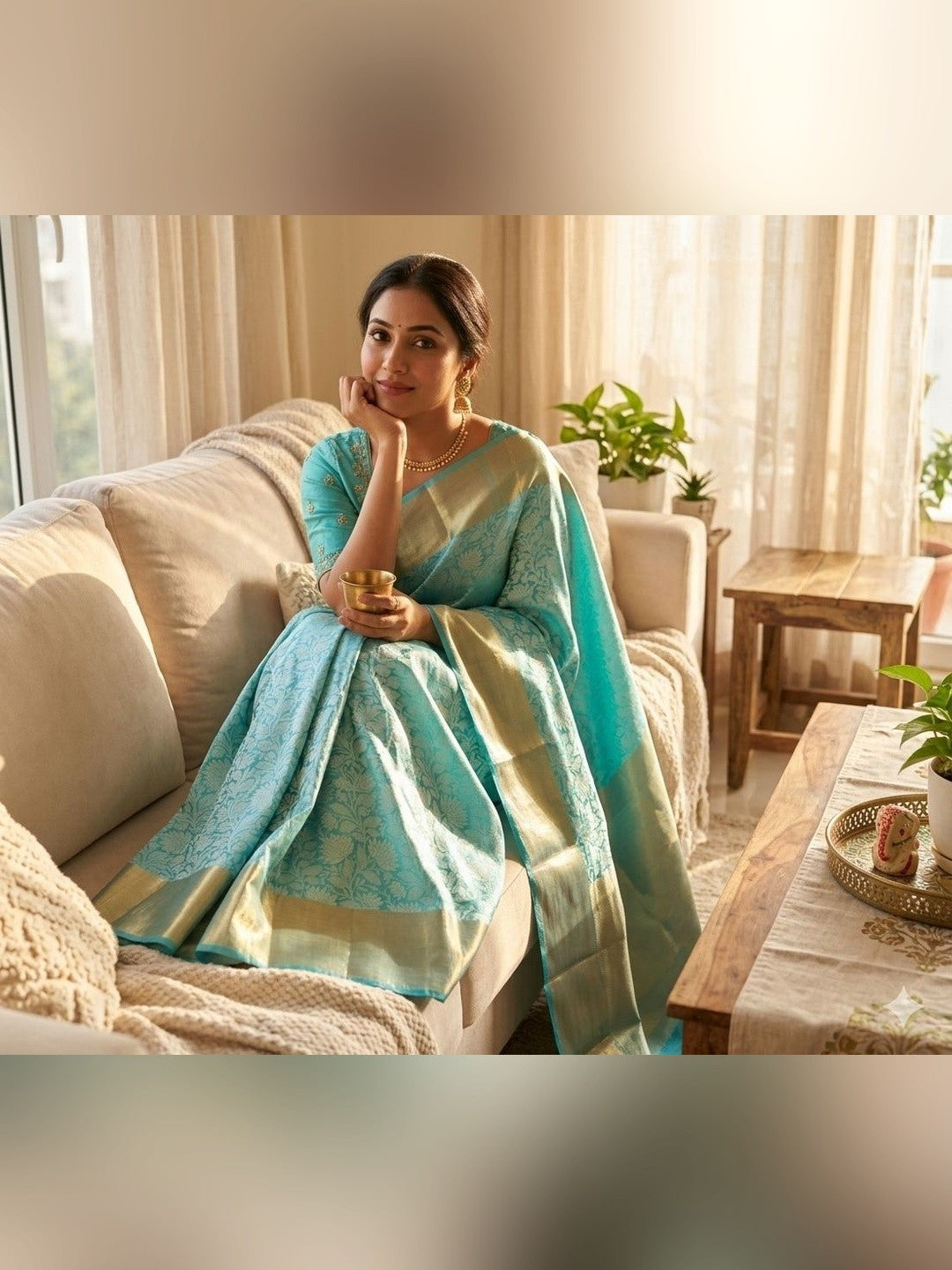Peachmode Turquoise Zari Woven Saree - Image 3
