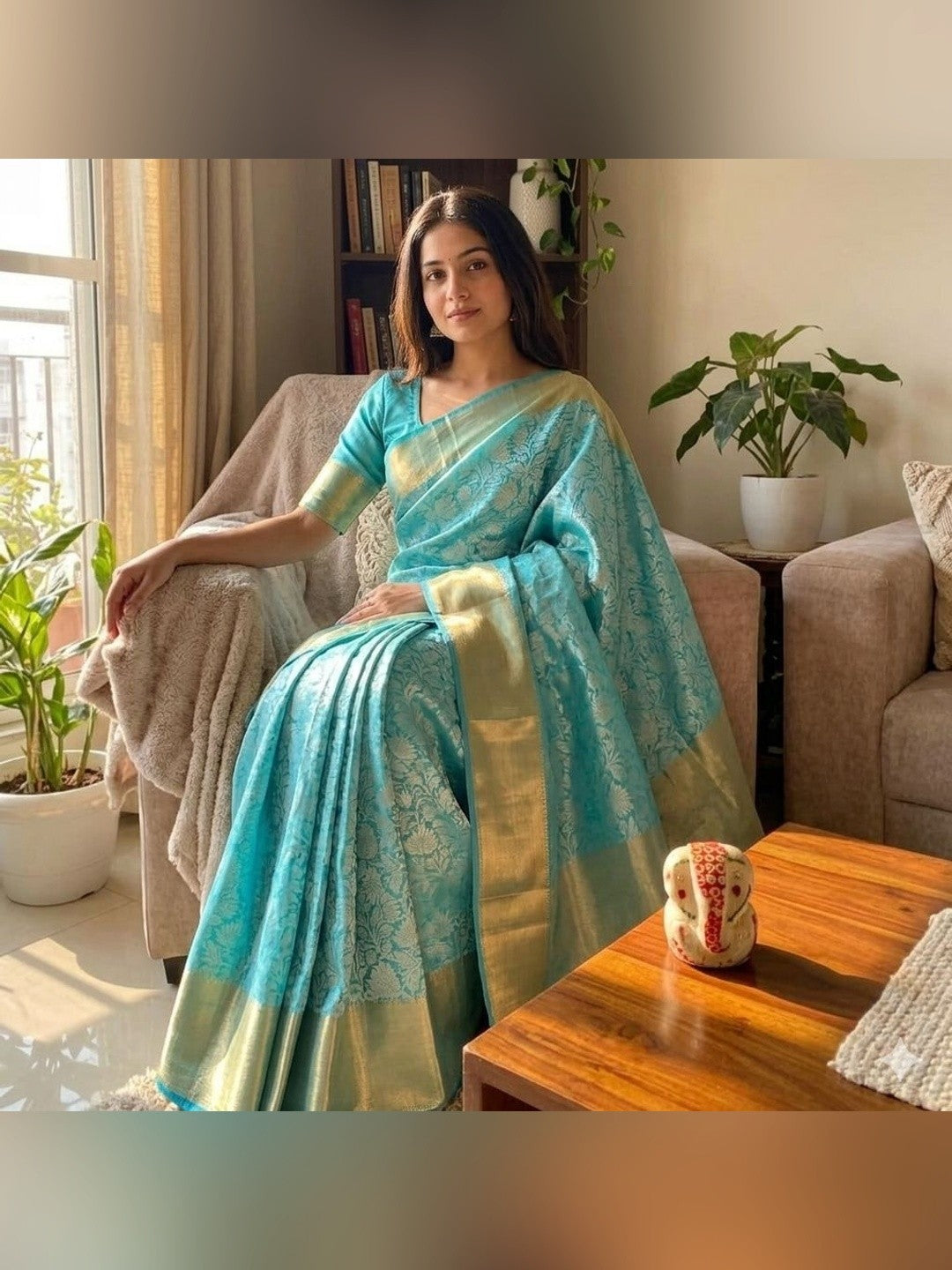 Peachmode Turquoise Zari Woven Saree - Image 5