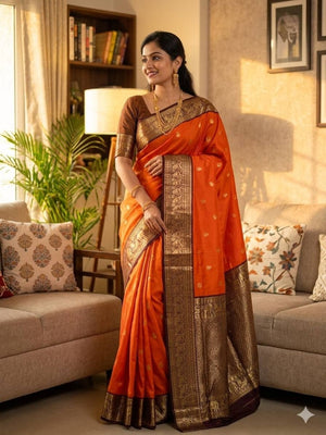 Peachmode Orange Banarasi Silk Saree - Image 1
