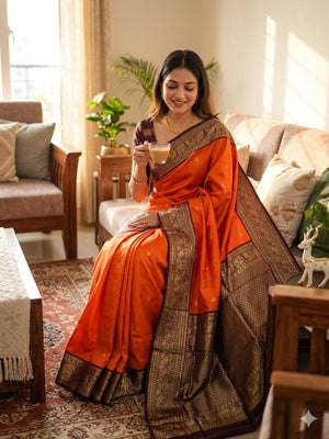 Peachmode Orange Banarasi Silk Saree - Image 2