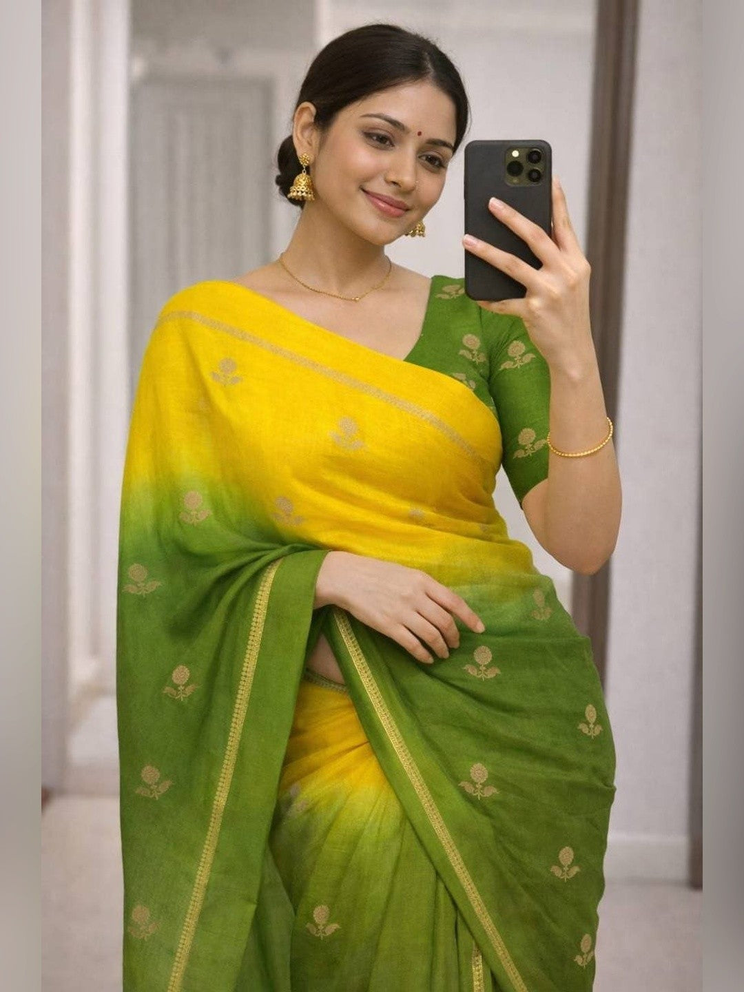 Peachmode Olive Viscose Khadi Silk Zari Saree - Image 1