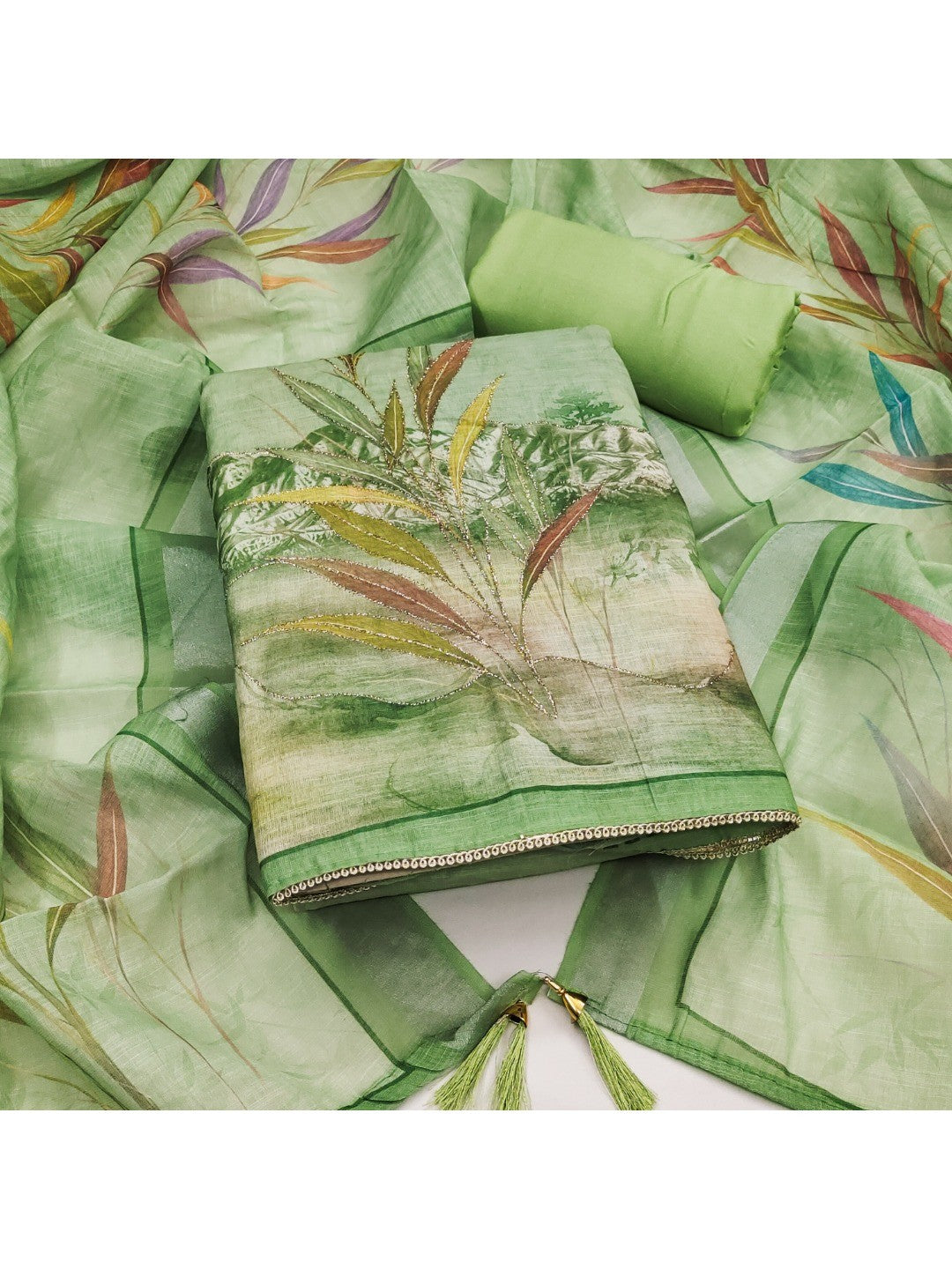 Peachmode Green Linen Dress Material with Floral Print - Image 1
